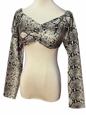 PrettyLittleThing Snake Print Twist Front Crop Top Size 6 Black Cream